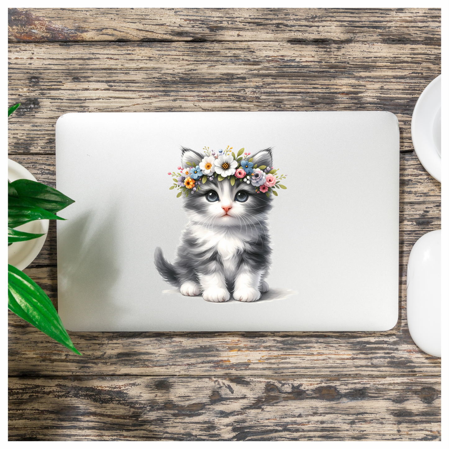 Grey White Kitten Flower Crown Vinyl Sticker Decal