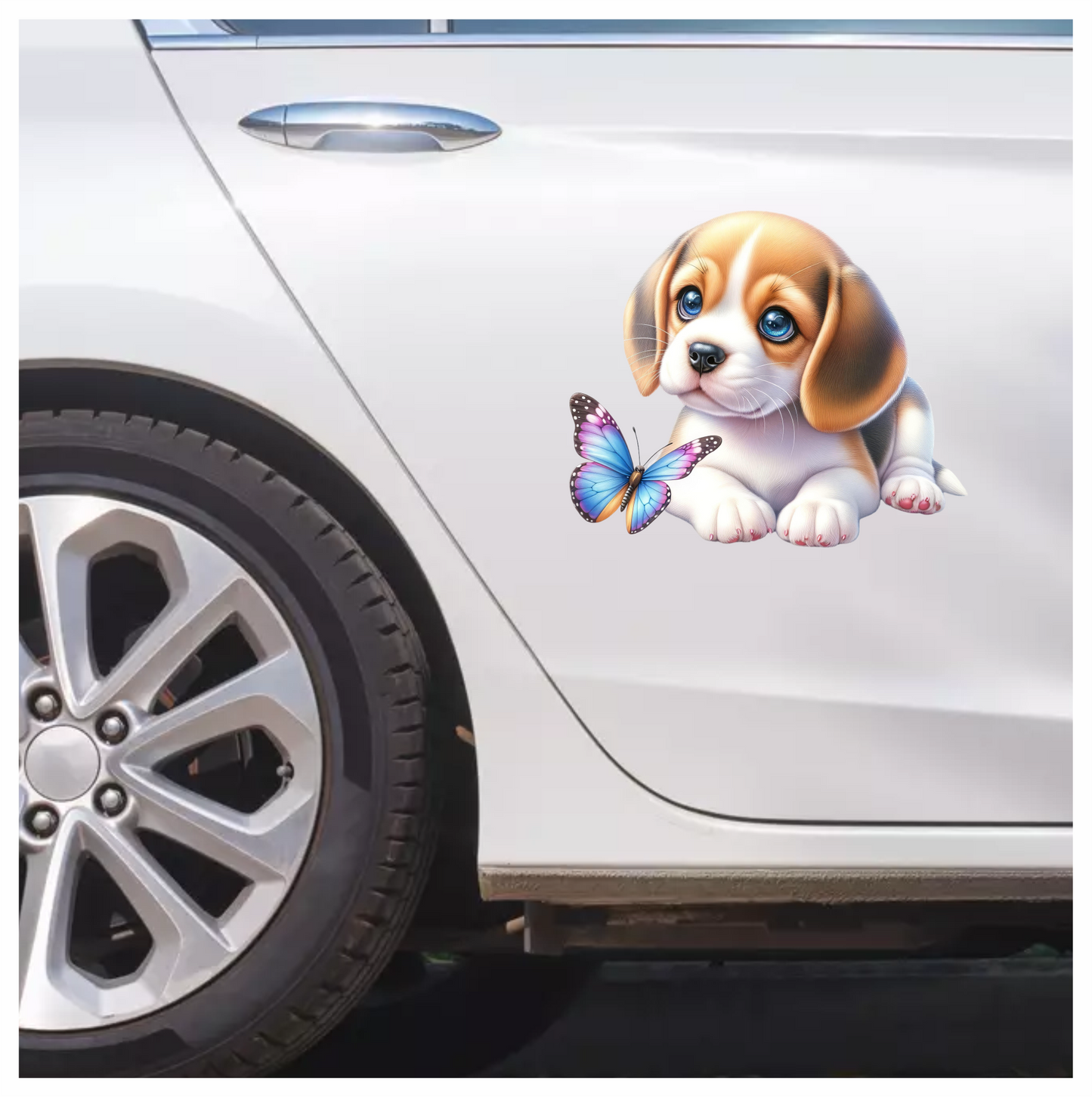 Brown Puppy Beagle Butterfly Blue Vinyl Sticker Decal