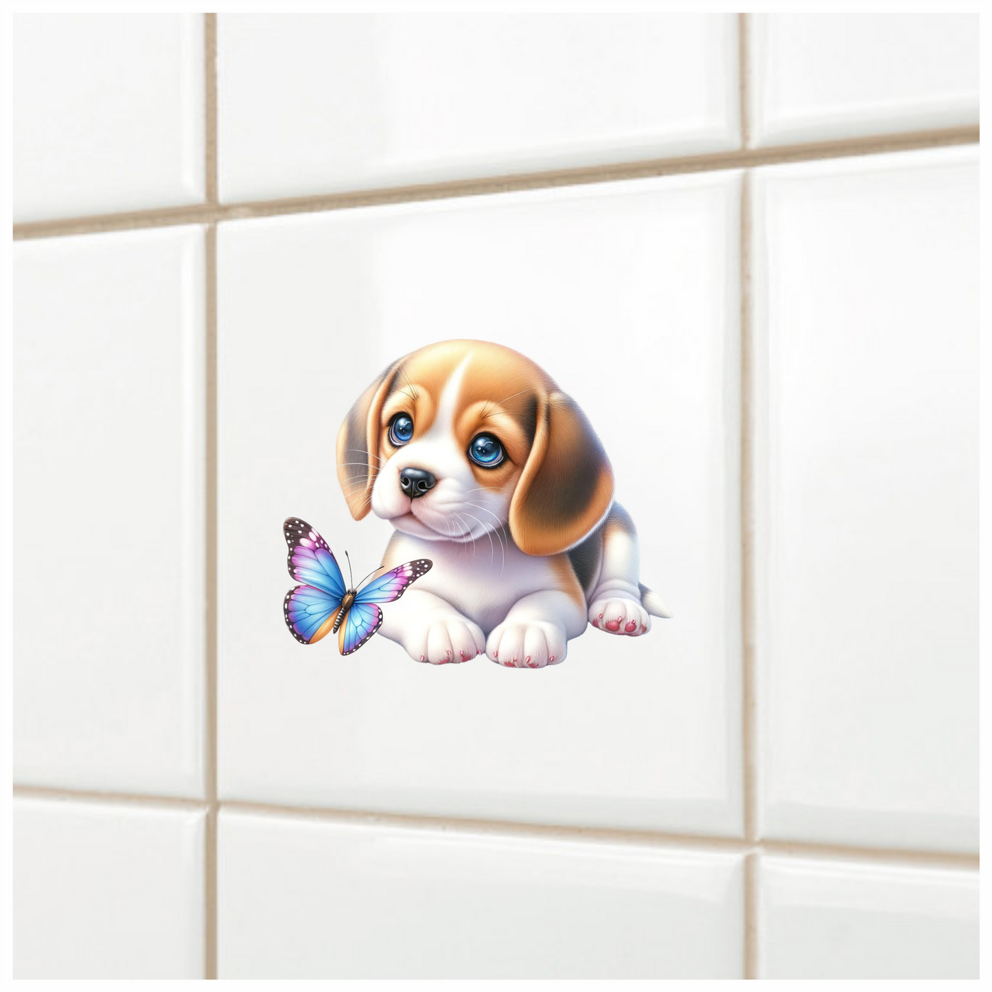 Brown Puppy Beagle Butterfly Blue Vinyl Sticker Decal