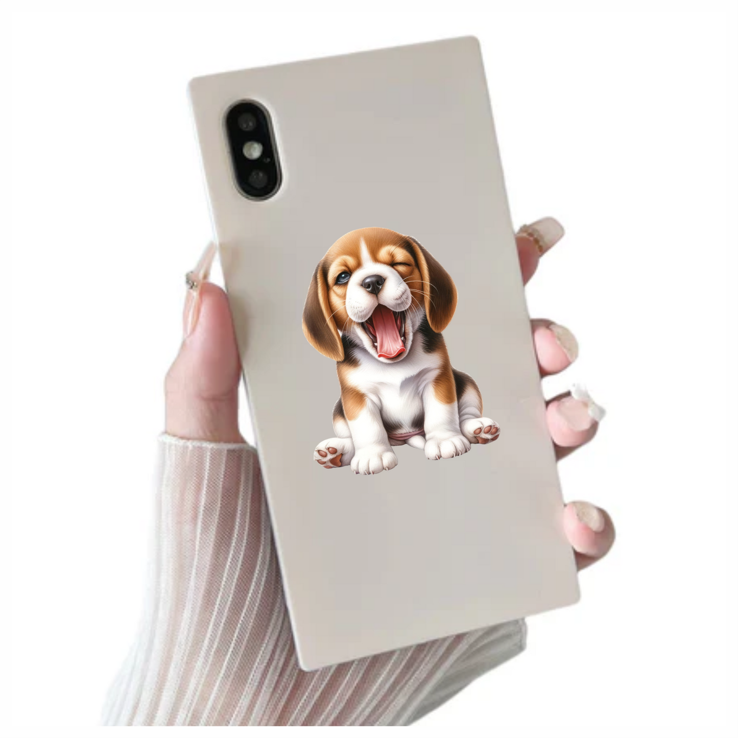 Brown White Puppy Beagle Yawning Vinyl Sticker Decal