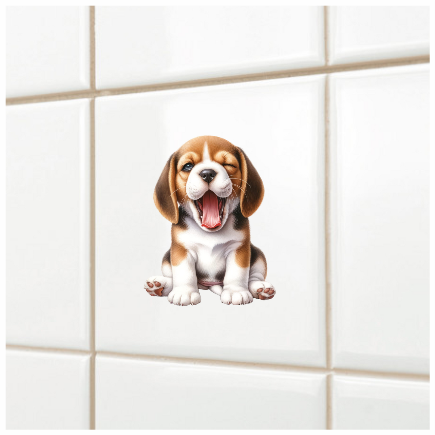 Brown White Puppy Beagle Yawning Vinyl Sticker Decal