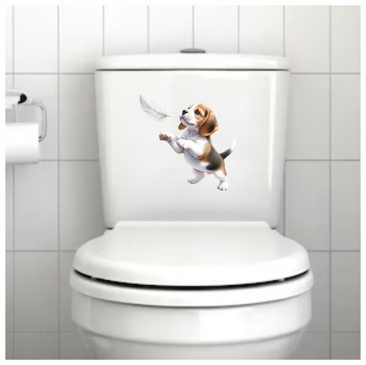 Brown White Beagle Puppy Playing Feather Vinyl Sticker Decal