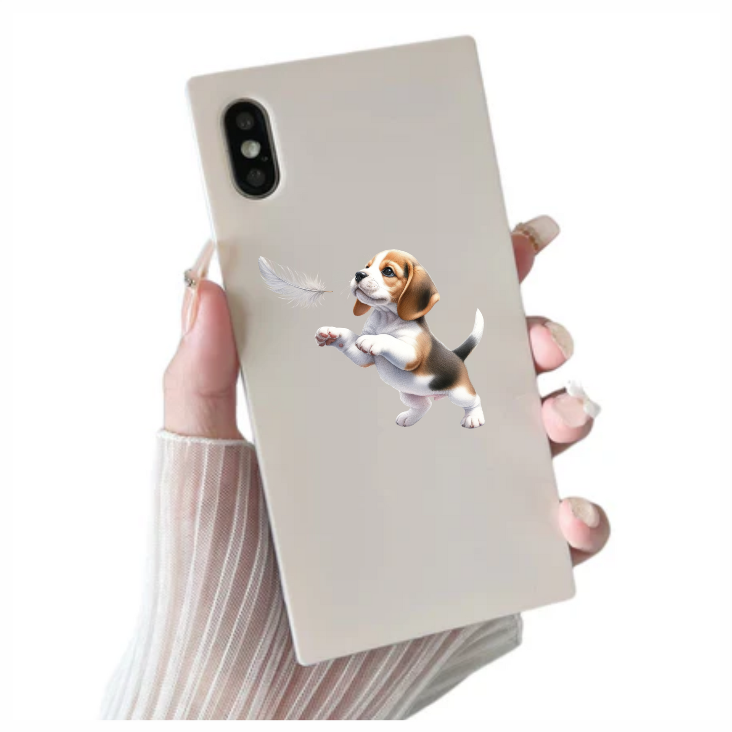 Brown White Beagle Puppy Playing Feather Vinyl Sticker Decal
