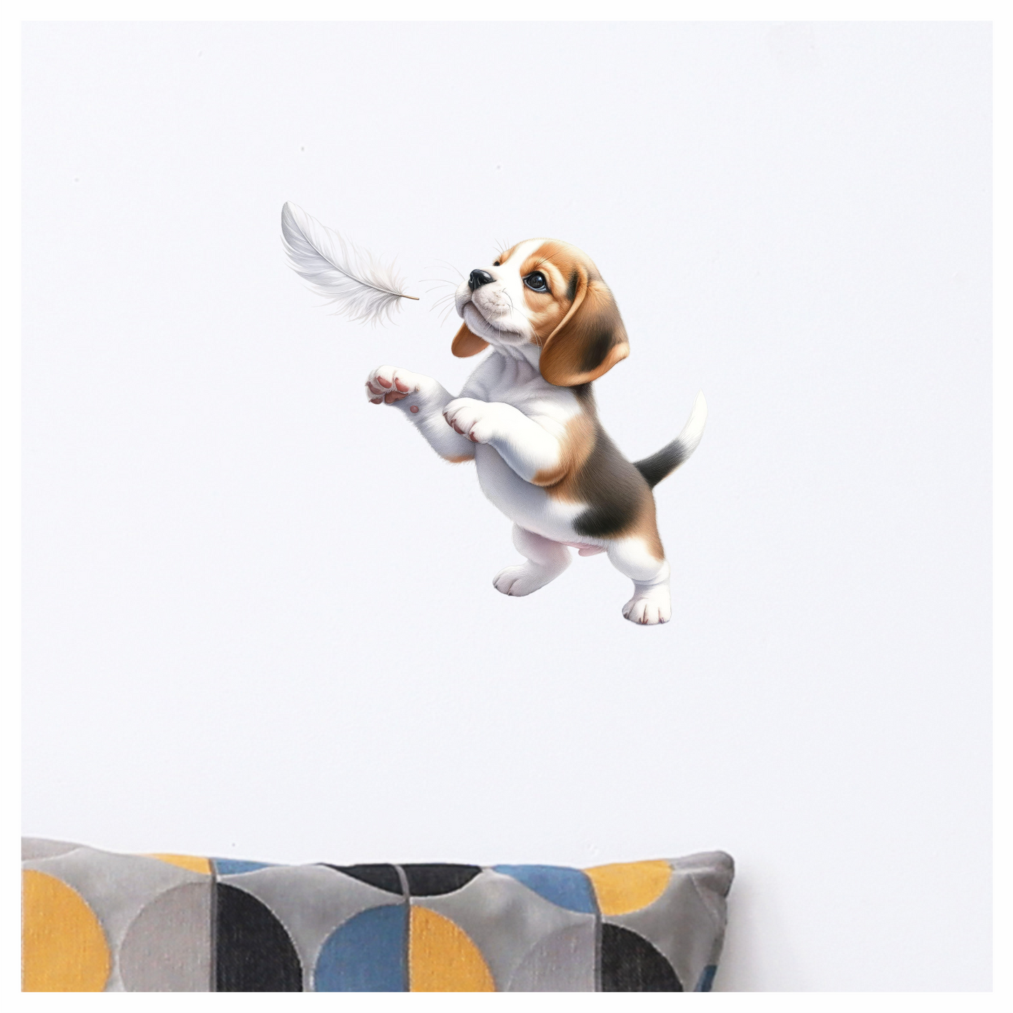 Brown White Beagle Puppy Playing Feather Vinyl Sticker Decal