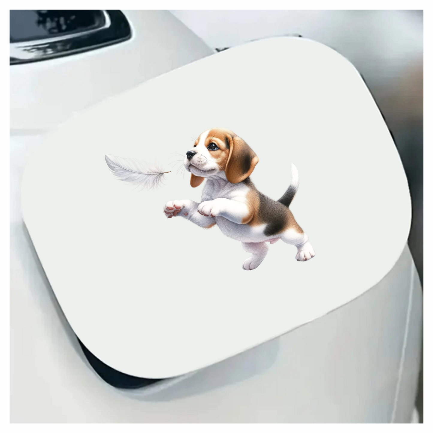 Brown White Beagle Puppy Playing Feather Vinyl Sticker Decal