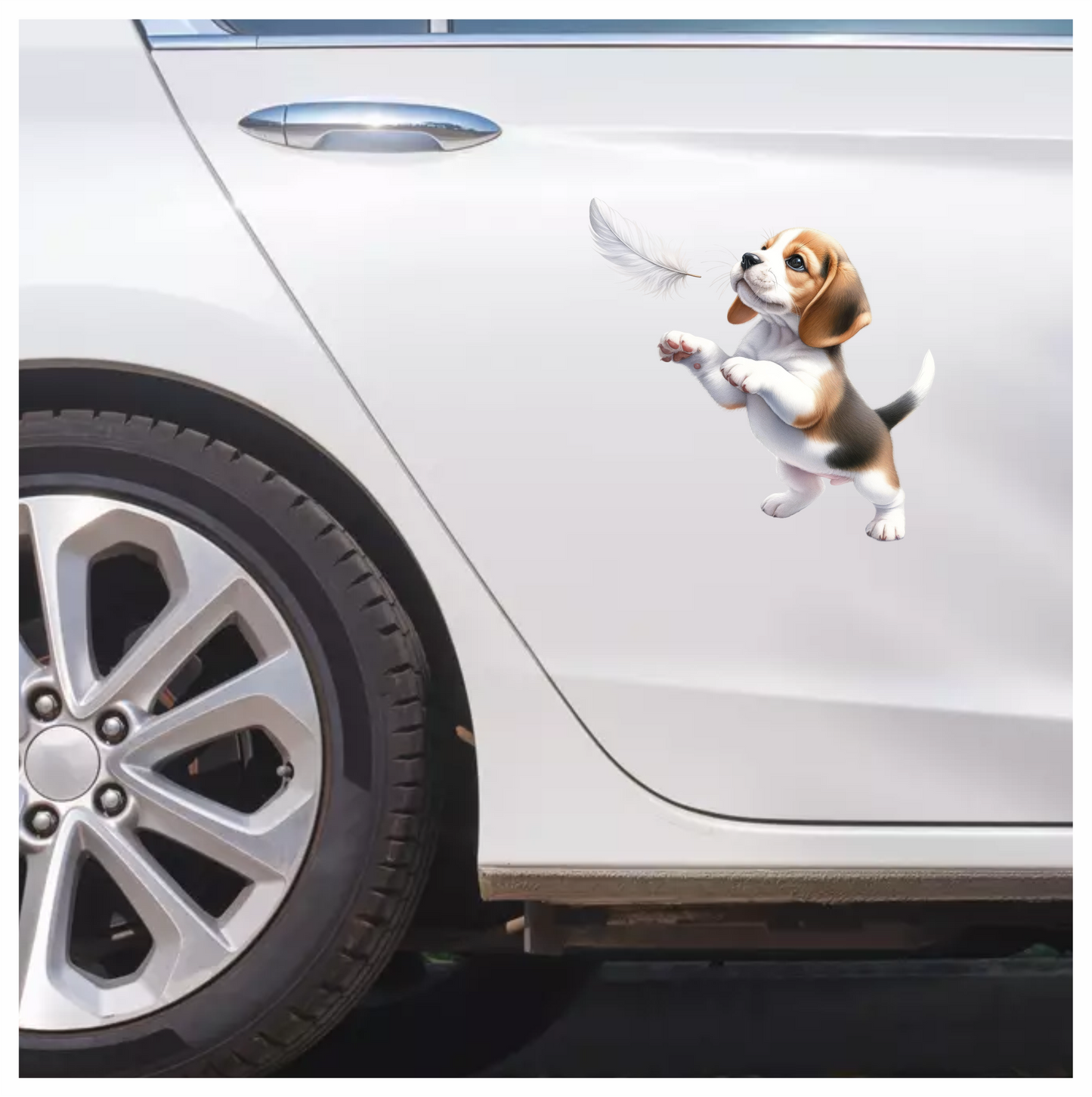 Brown White Beagle Puppy Playing Feather Vinyl Sticker Decal