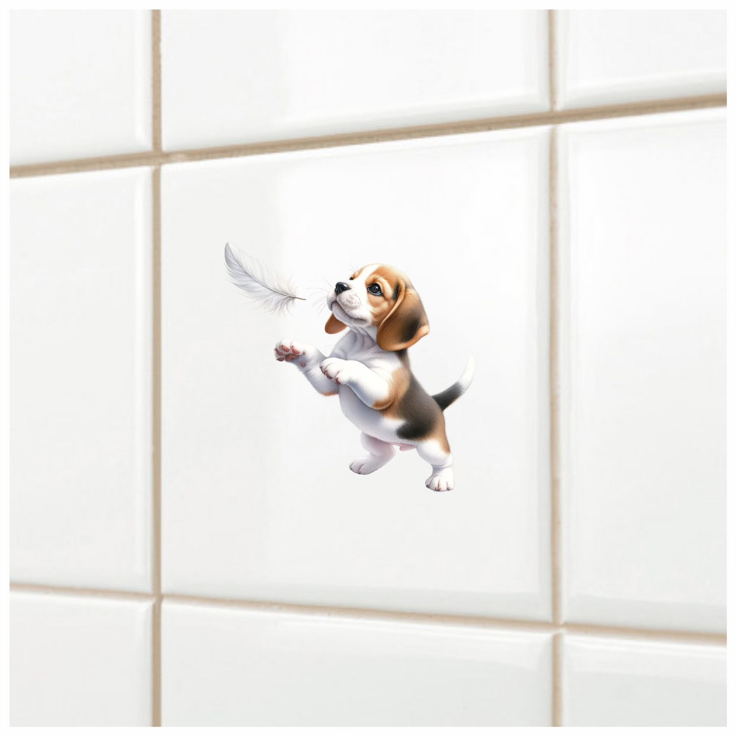 Brown White Beagle Puppy Playing Feather Vinyl Sticker Decal