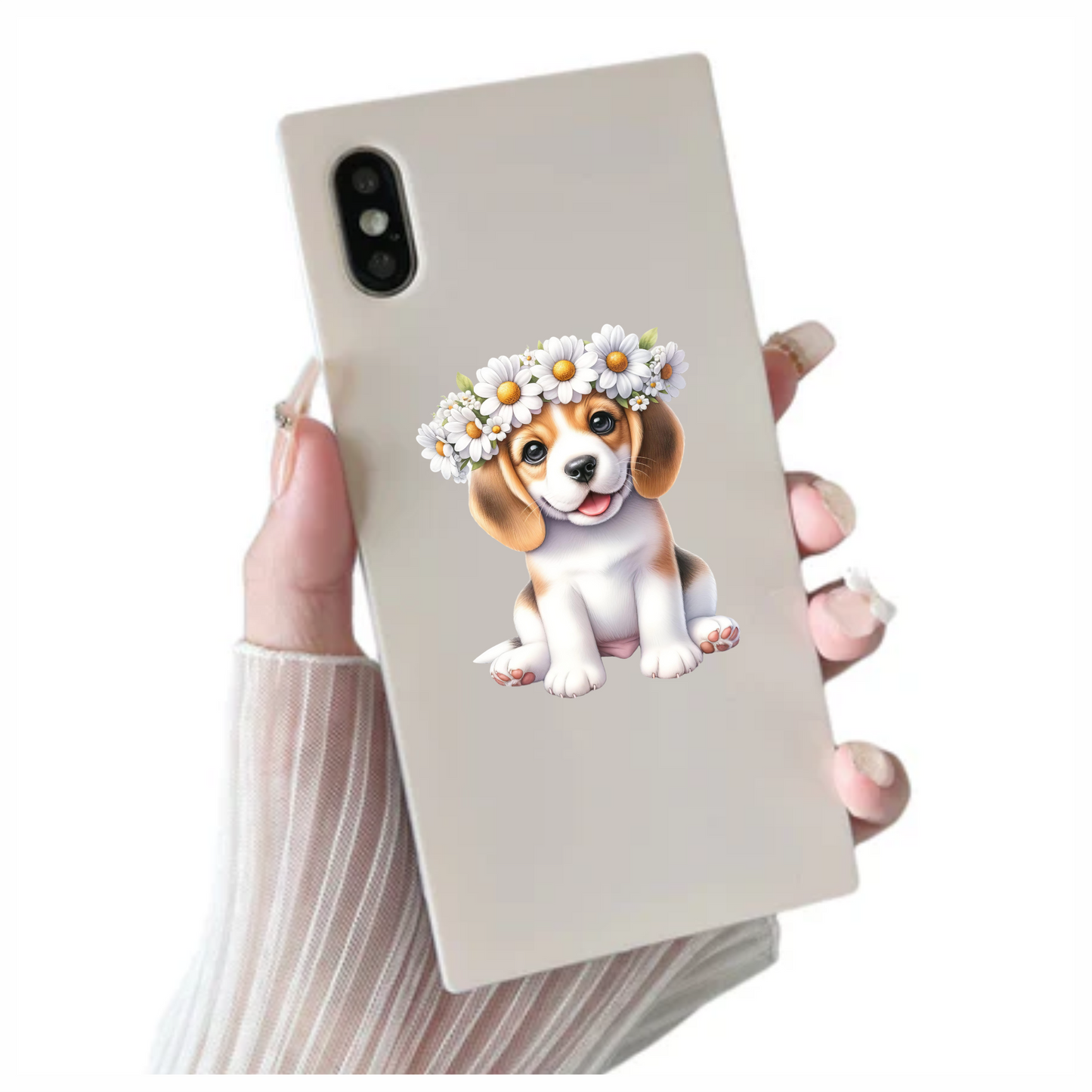 Brown Beagle Puppy Daisy Crown Vinyl Sticker Decal