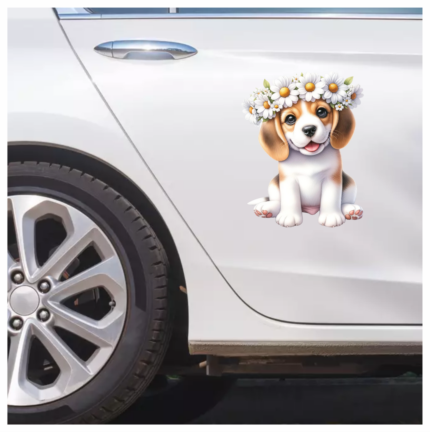 Brown Beagle Puppy Daisy Crown Vinyl Sticker Decal