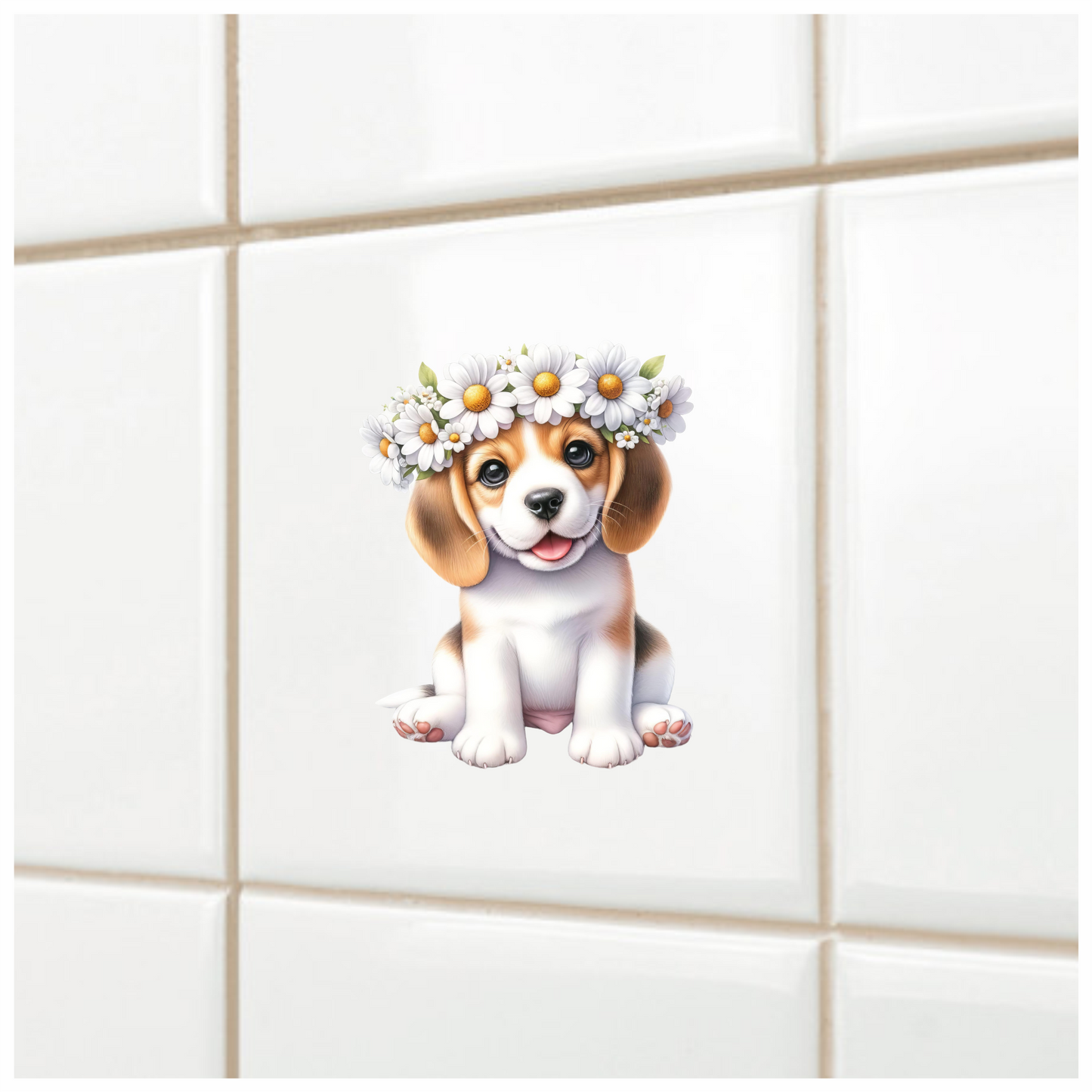 Brown Beagle Puppy Daisy Crown Vinyl Sticker Decal