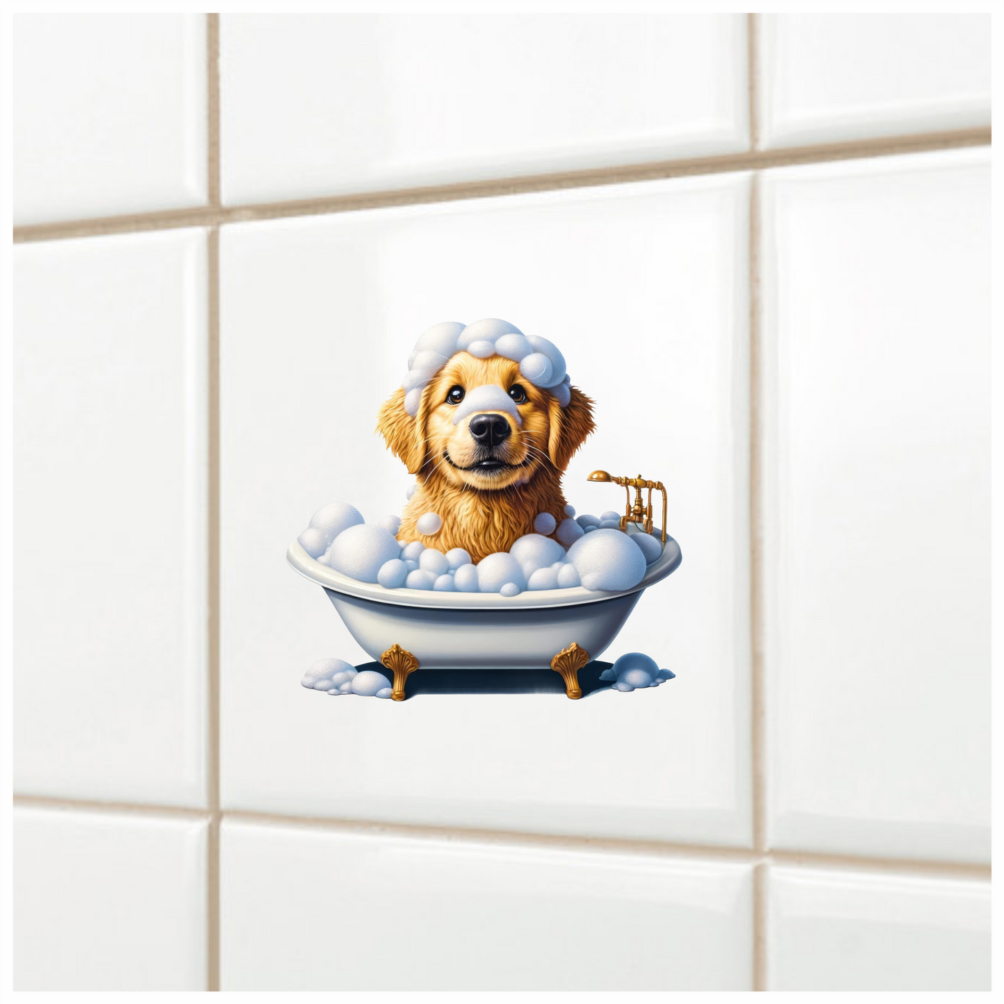 Golden Retriever Puppy Bathtub Bubbles Vinyl Sticker Decal