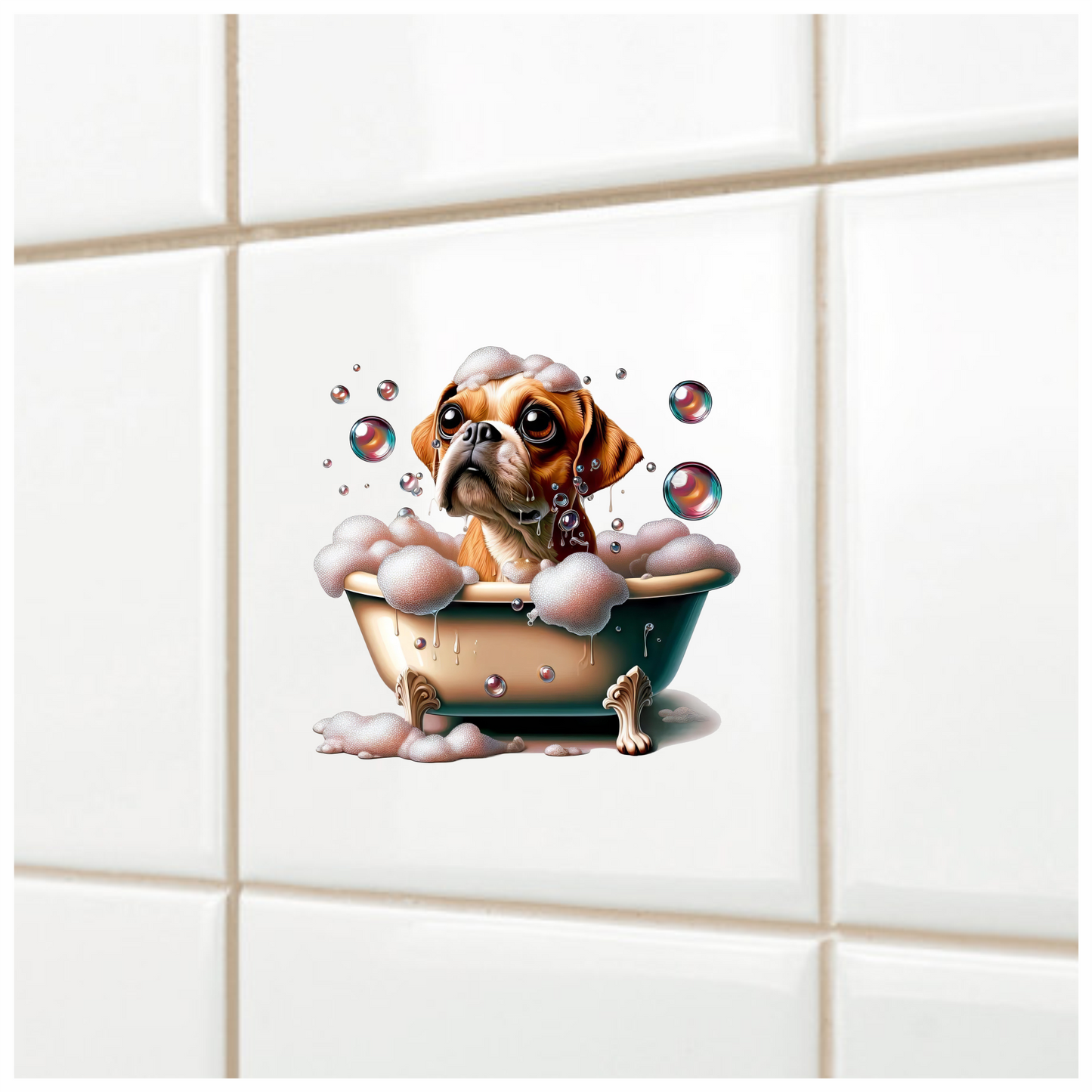 Brown Pug Bathtub Bubbles Soap Dog Vinyl Sticker Decal