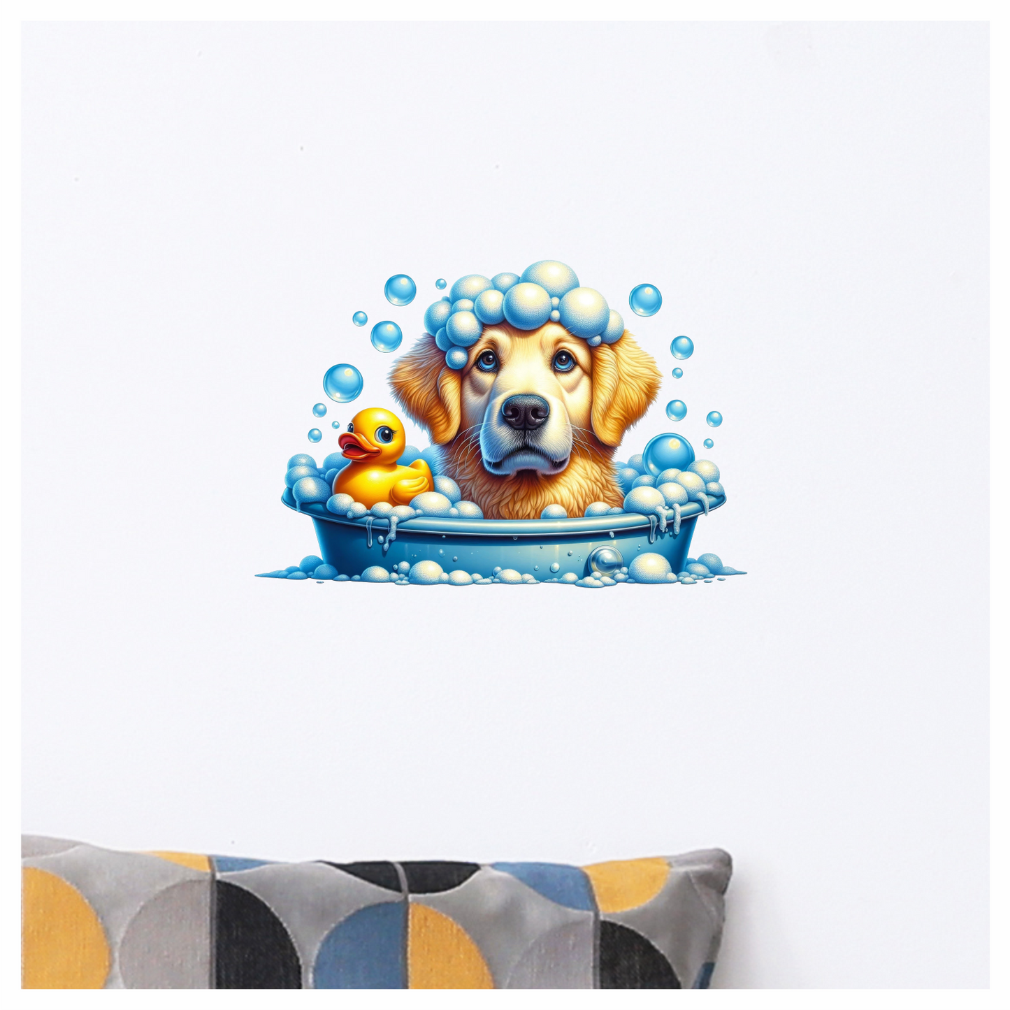 Golden Retriever Dog Bath Blue Vinyl Sticker Decal