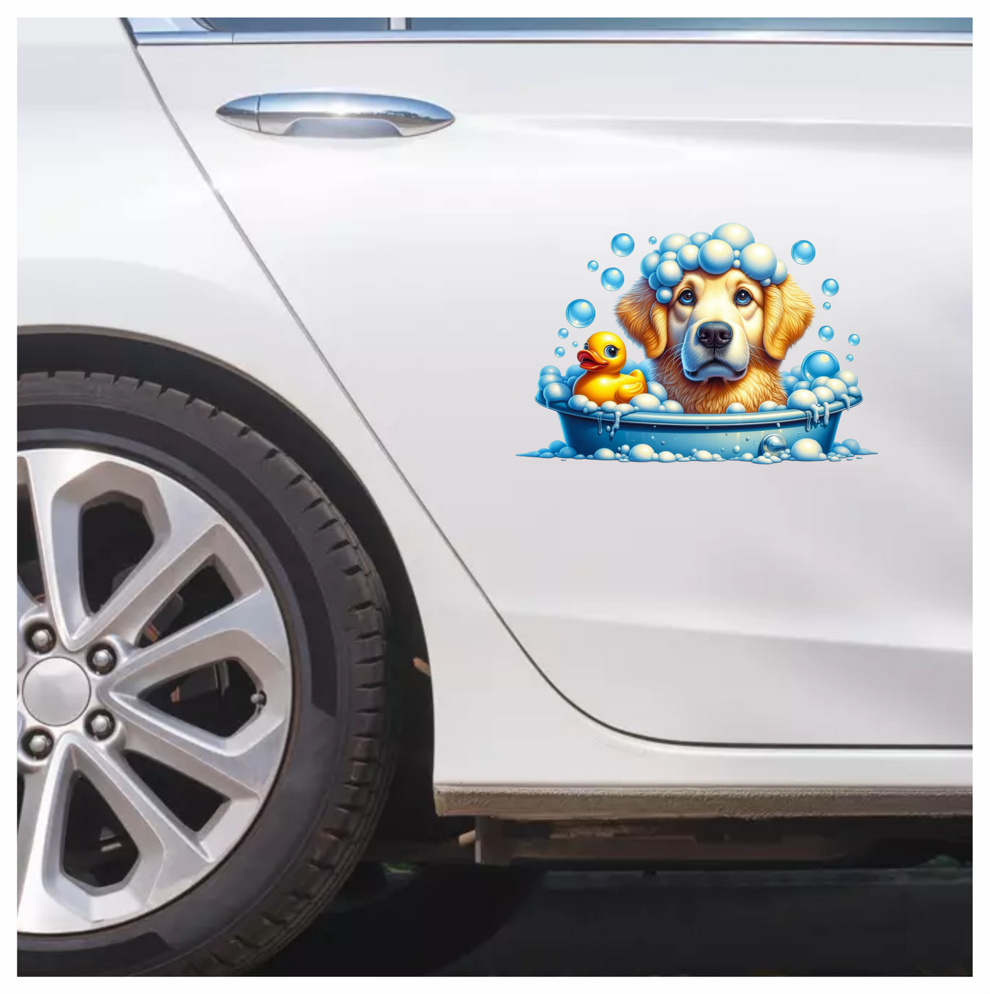 Golden Retriever Dog Bath Blue Vinyl Sticker Decal