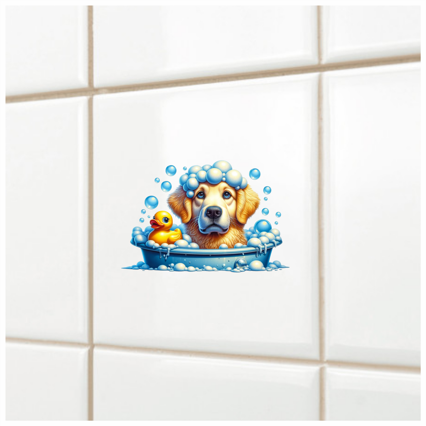 Golden Retriever Dog Bath Blue Vinyl Sticker Decal