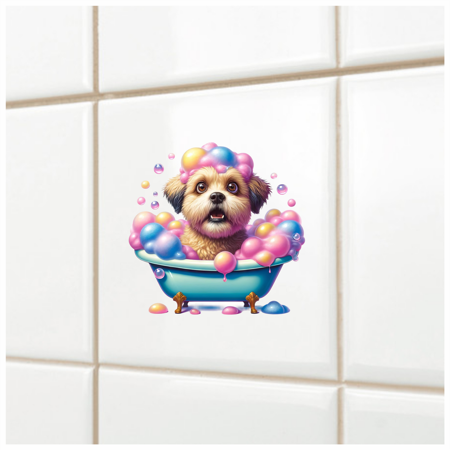 Brown Dog Bubble Bath Blue Tub Vinyl Sticker Decal