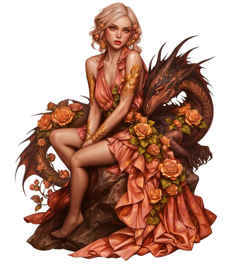 Woman Peach Dragon Roses Sitting Vinyl Sticker Decal
