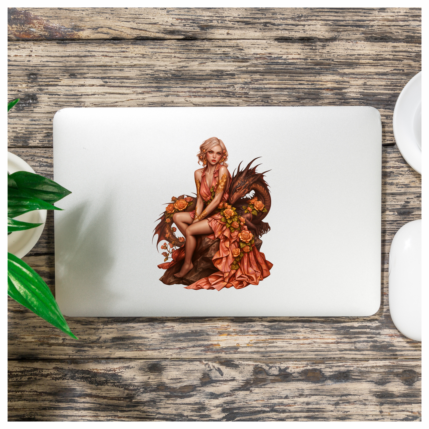Woman Peach Dragon Roses Sitting Vinyl Sticker Decal