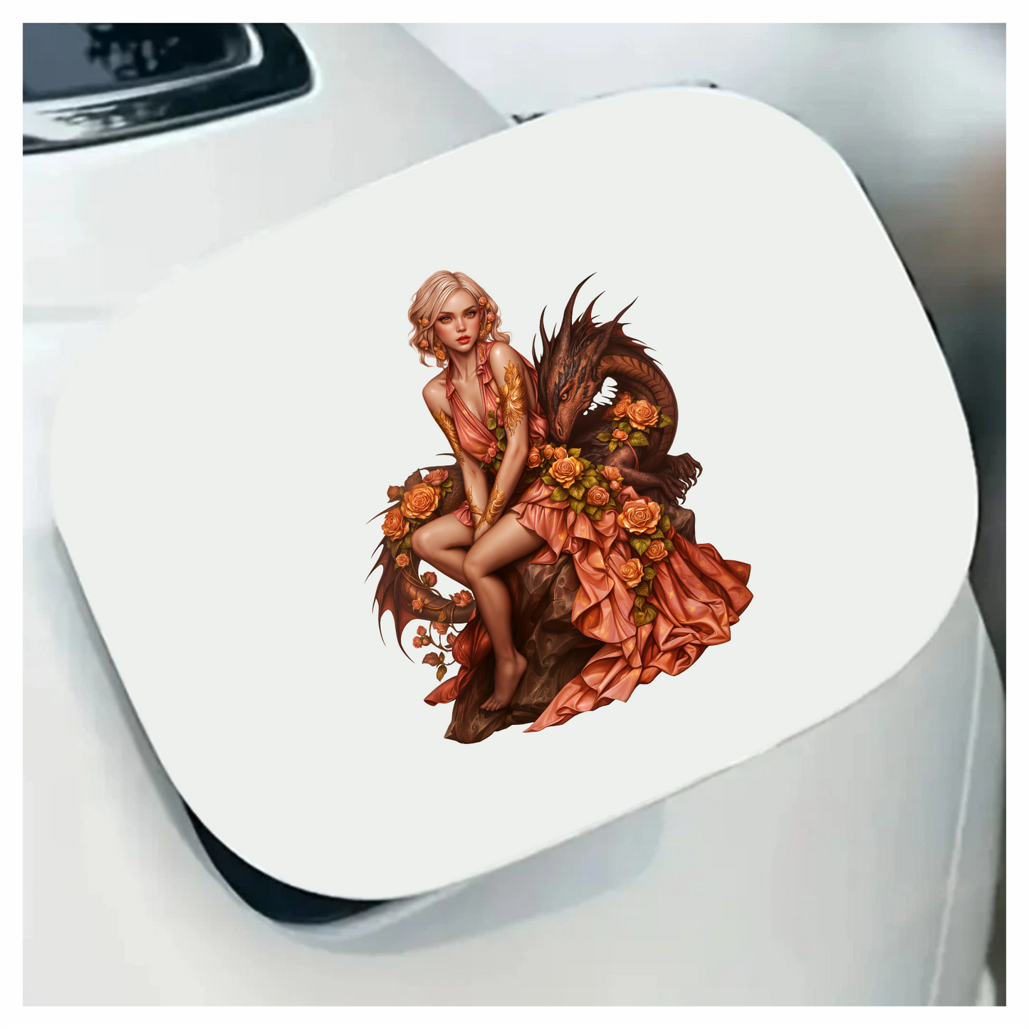 Woman Peach Dragon Roses Sitting Vinyl Sticker Decal