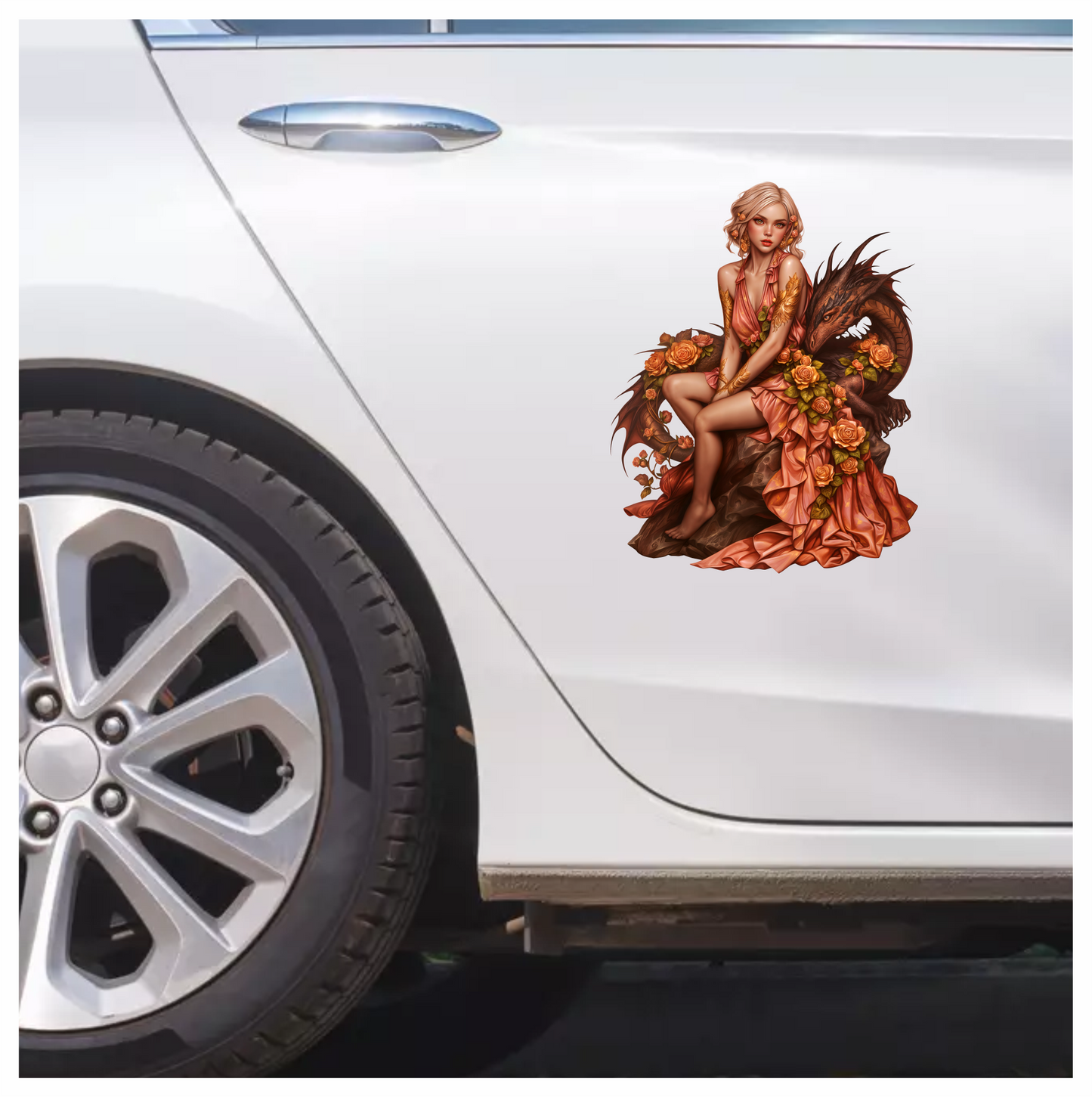 Woman Peach Dragon Roses Sitting Vinyl Sticker Decal