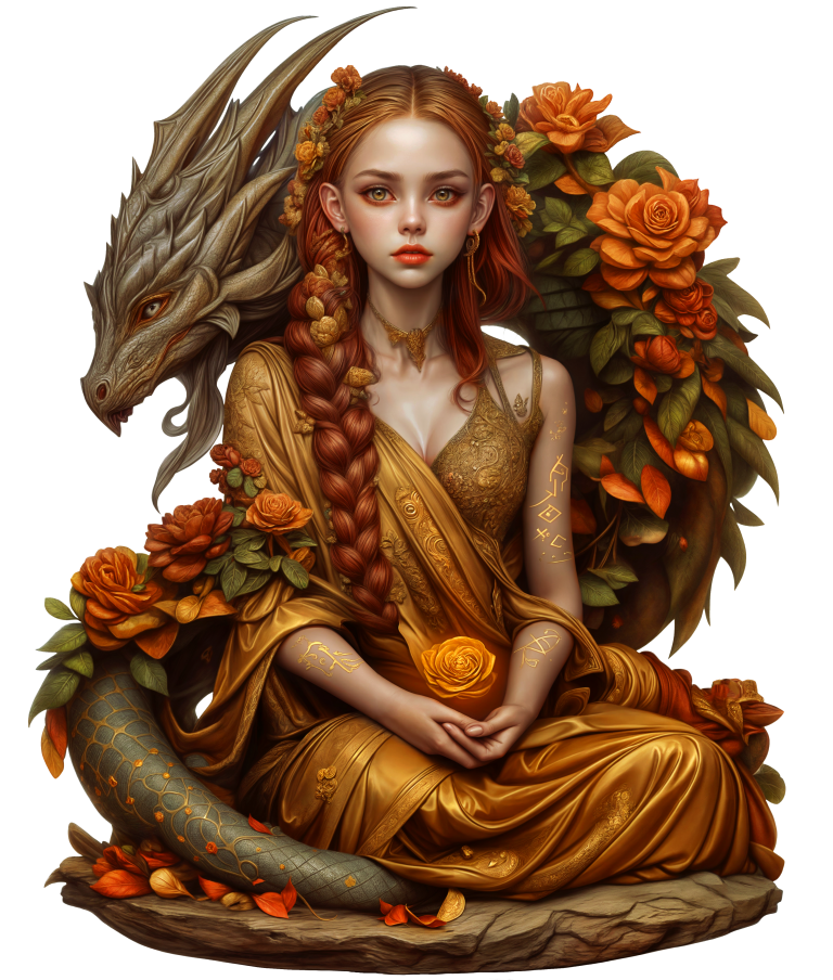 Dragon Girl Orange Flowers Golden Dress Vinyl Sticker Decal