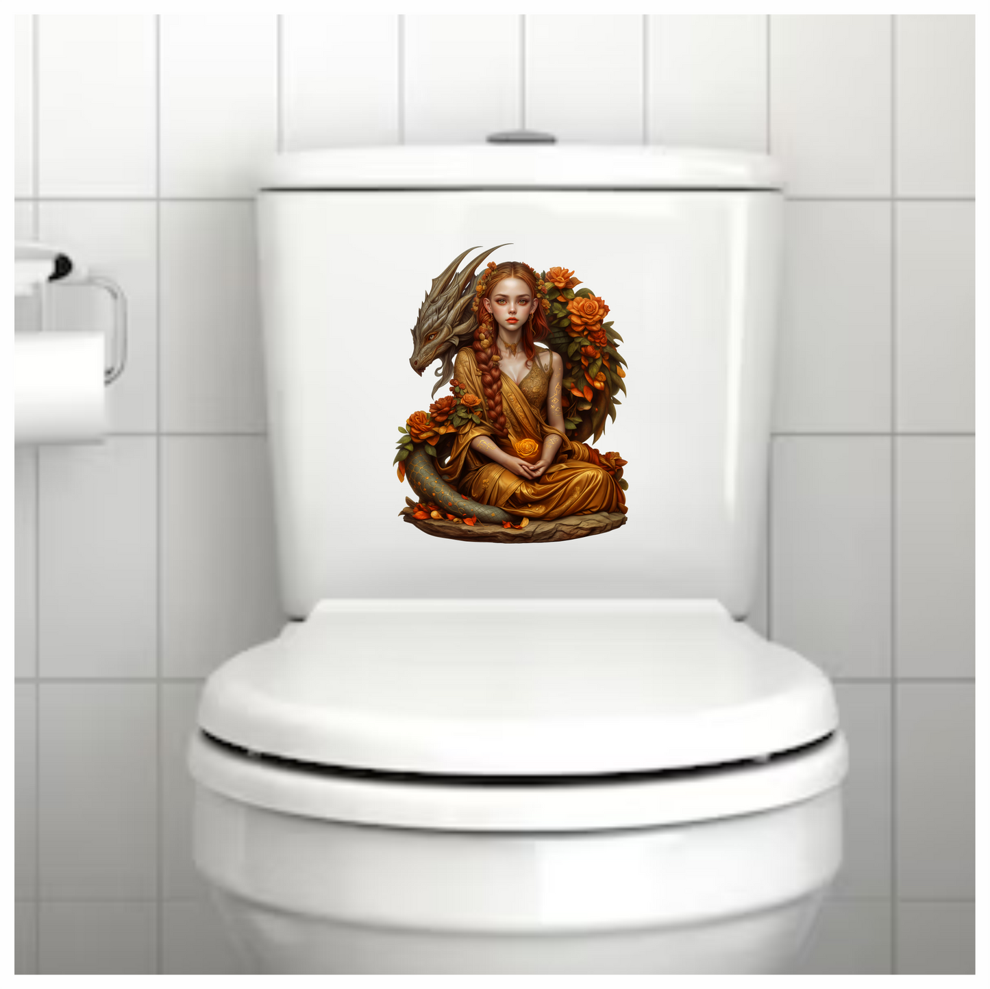 Dragon Girl Orange Flowers Golden Dress Vinyl Sticker Decal