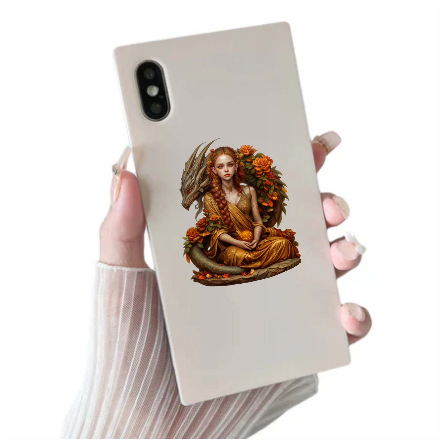 Dragon Girl Orange Flowers Golden Dress Vinyl Sticker Decal