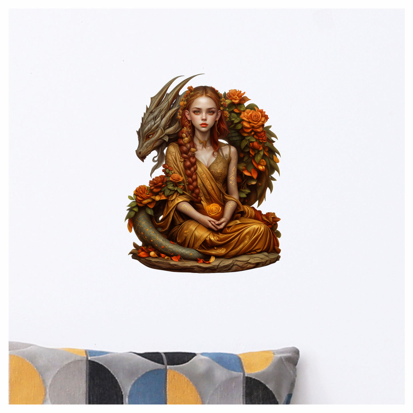 Dragon Girl Orange Flowers Golden Dress Vinyl Sticker Decal