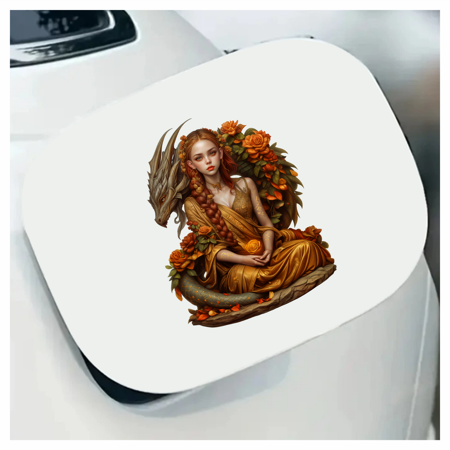 Dragon Girl Orange Flowers Golden Dress Vinyl Sticker Decal