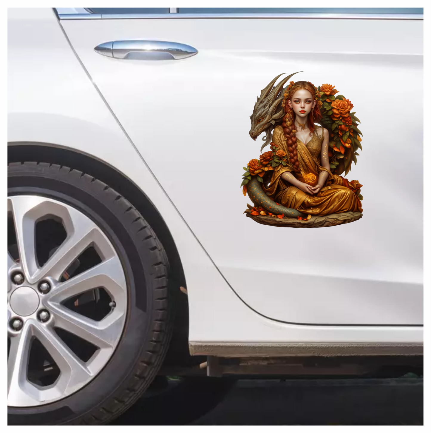 Dragon Girl Orange Flowers Golden Dress Vinyl Sticker Decal