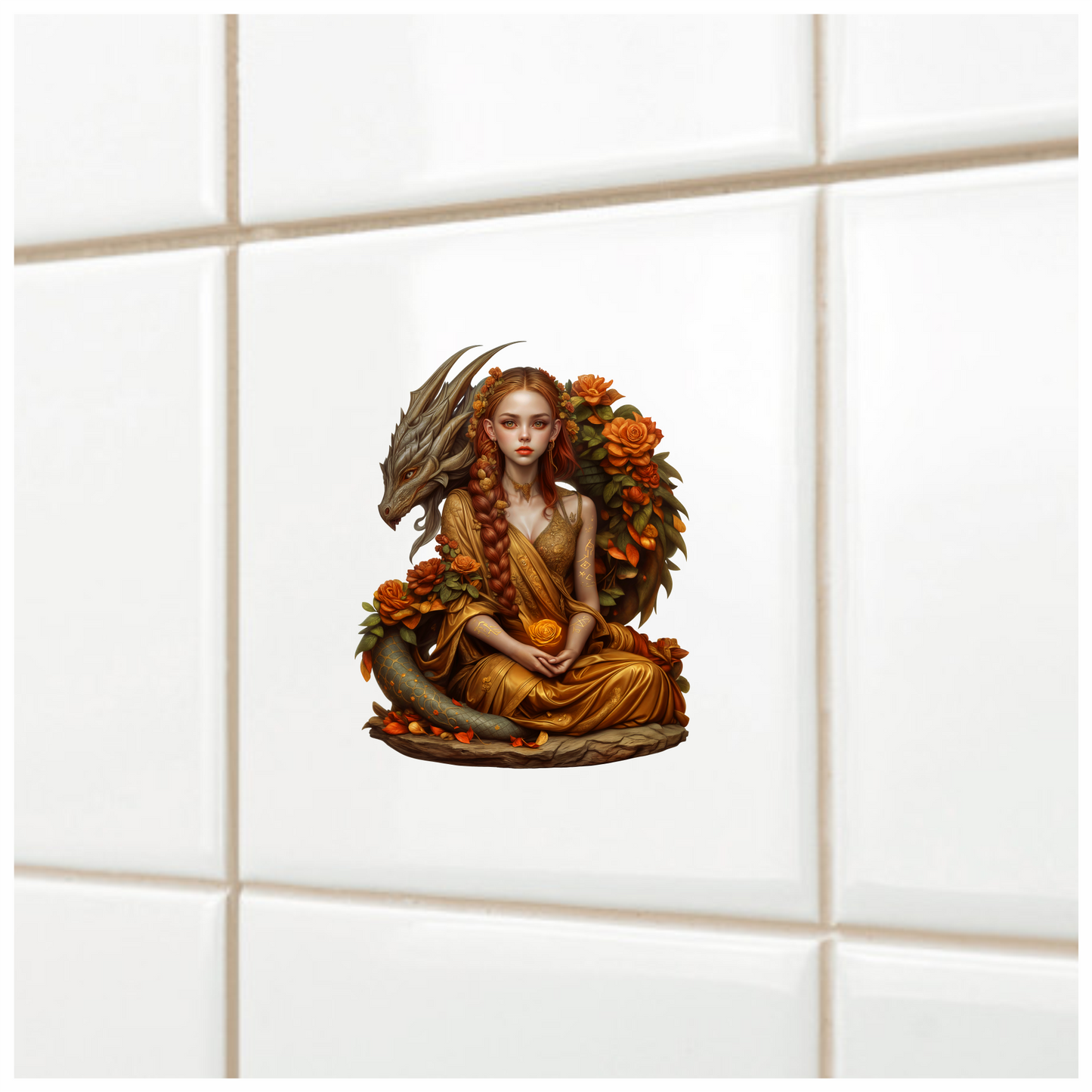 Dragon Girl Orange Flowers Golden Dress Vinyl Sticker Decal