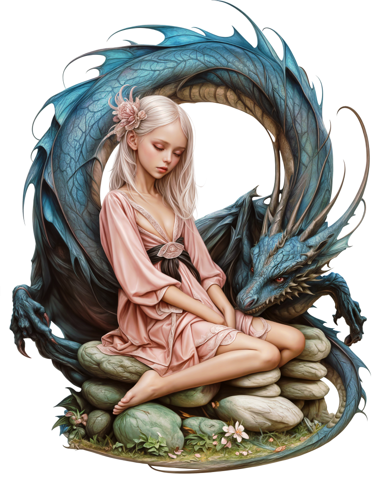 Girl Pink Dress Blue Dragon Stones Vinyl Sticker Decal