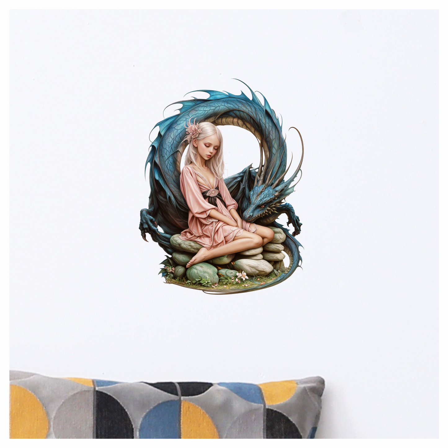 Girl Pink Dress Blue Dragon Stones Vinyl Sticker Decal