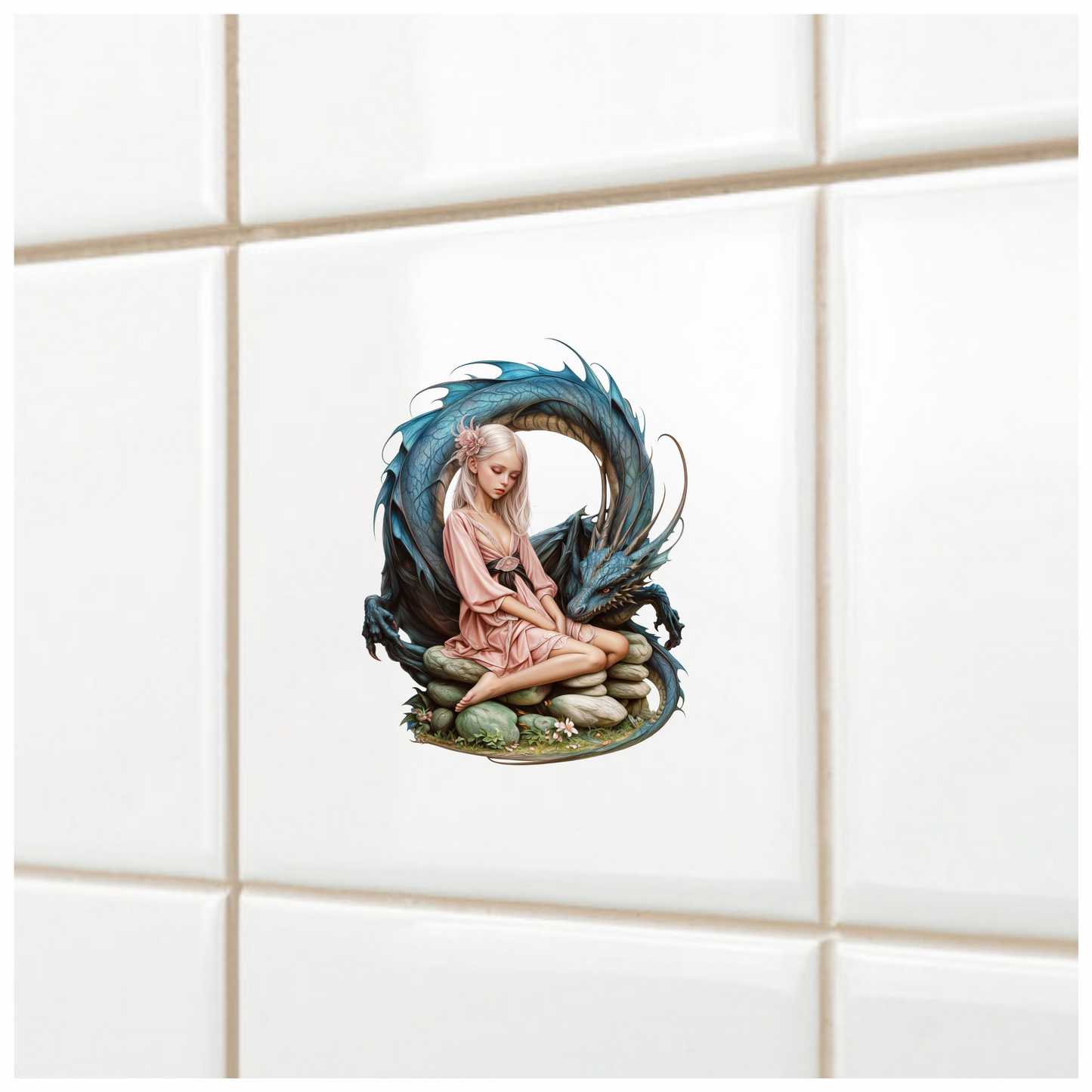 Girl Pink Dress Blue Dragon Stones Vinyl Sticker Decal