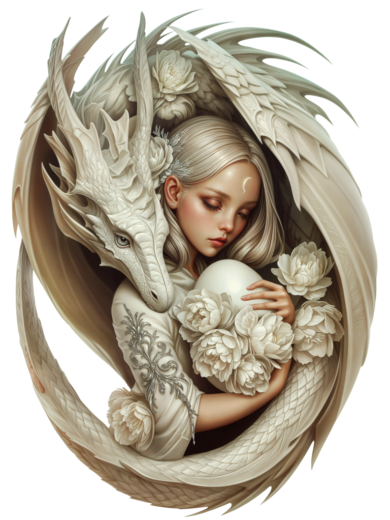 Dragon White Girl Egg Flowers Vinyl Sticker Decal
