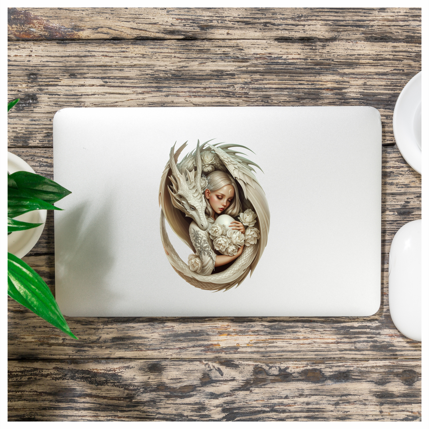 Dragon White Girl Egg Flowers Vinyl Sticker Decal