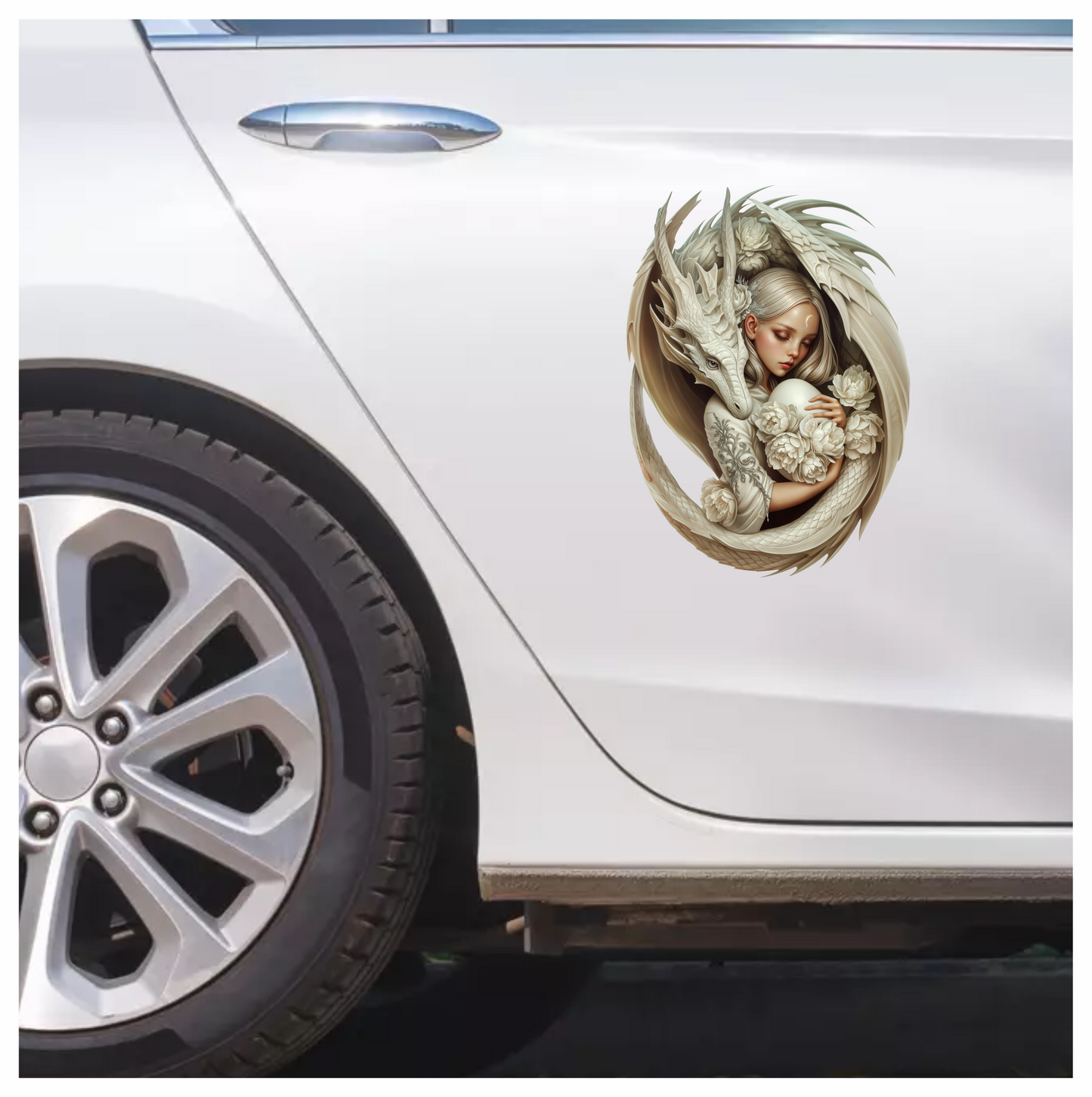 Dragon White Girl Egg Flowers Vinyl Sticker Decal