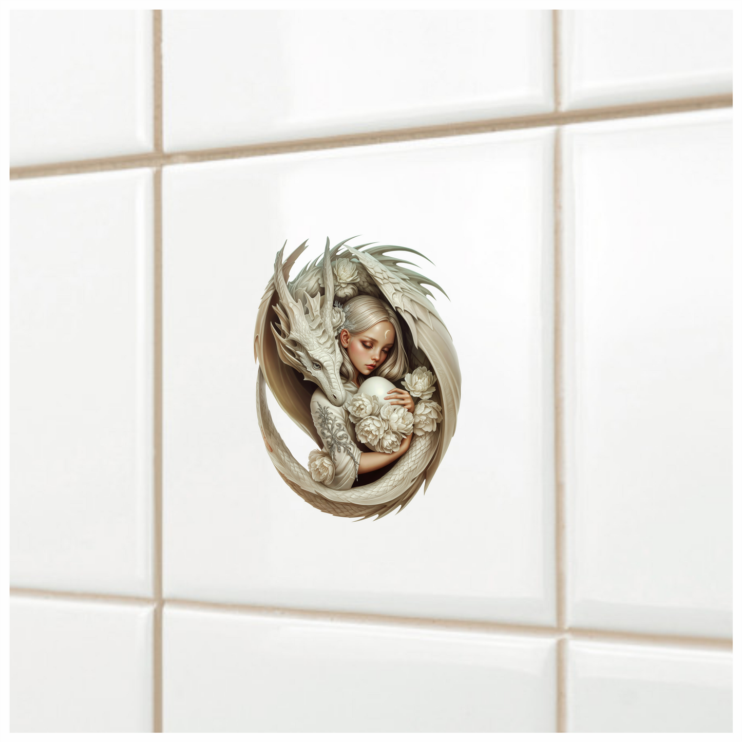 Dragon White Girl Egg Flowers Vinyl Sticker Decal