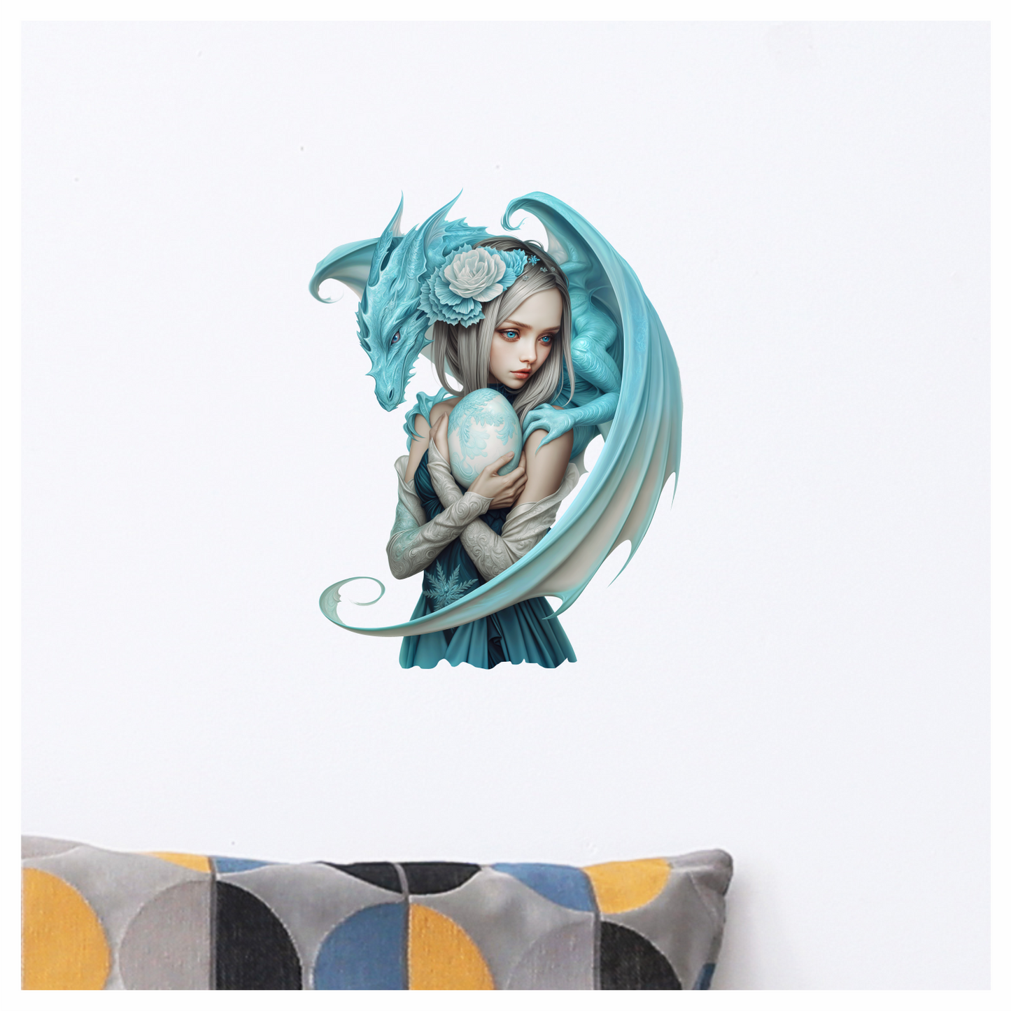 Blue Dragon Girl Holding Egg Vinyl Sticker Decal