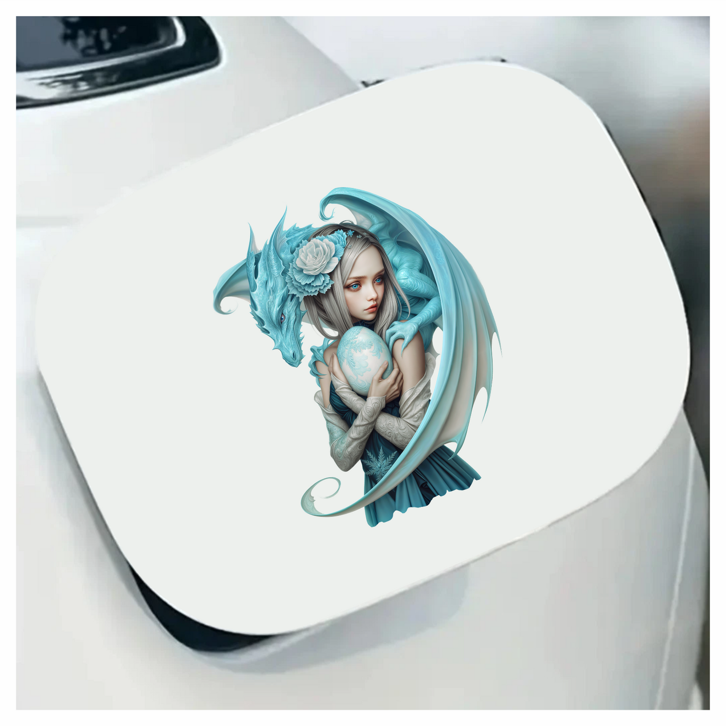 Blue Dragon Girl Holding Egg Vinyl Sticker Decal