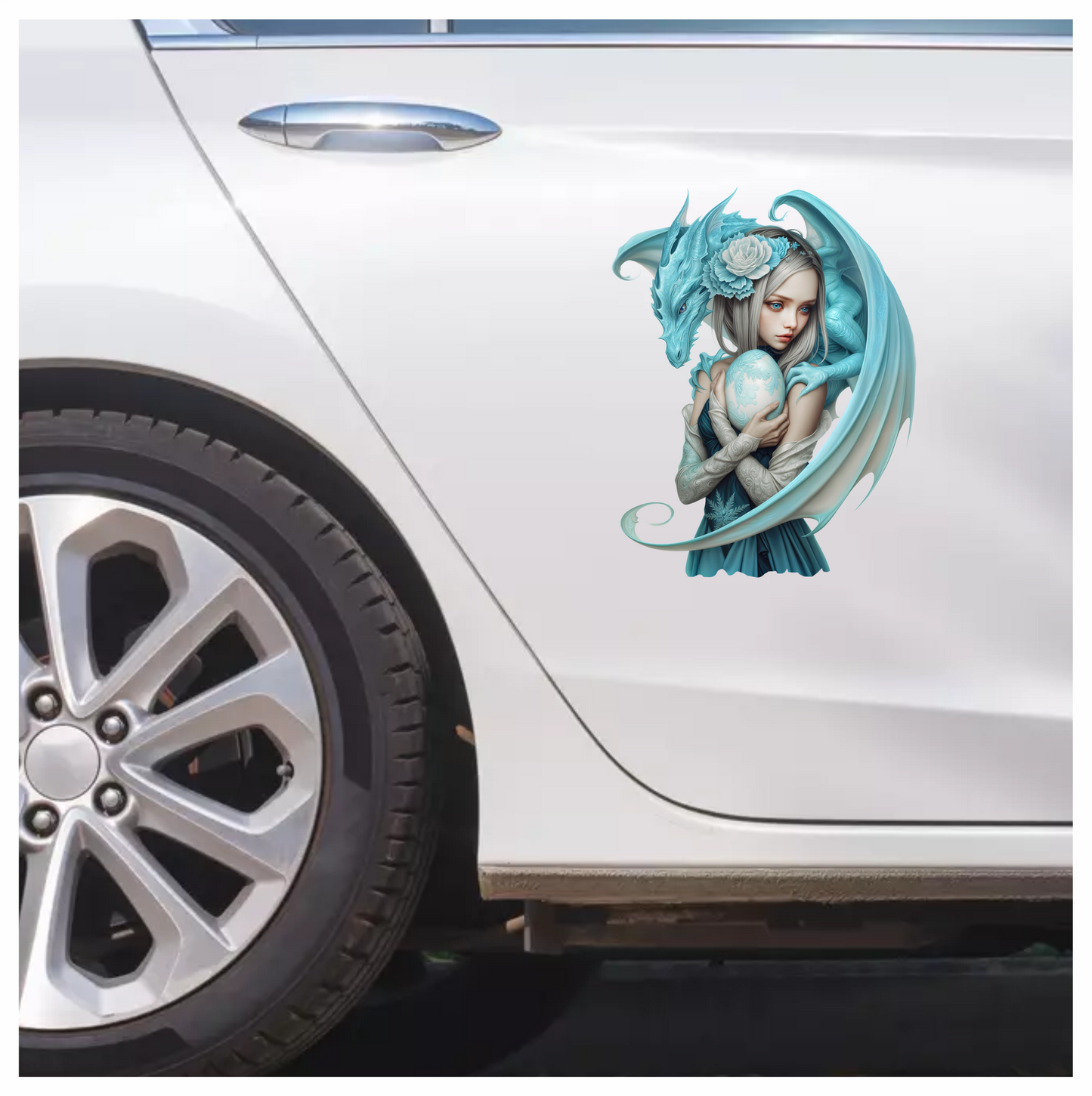 Blue Dragon Girl Holding Egg Vinyl Sticker Decal