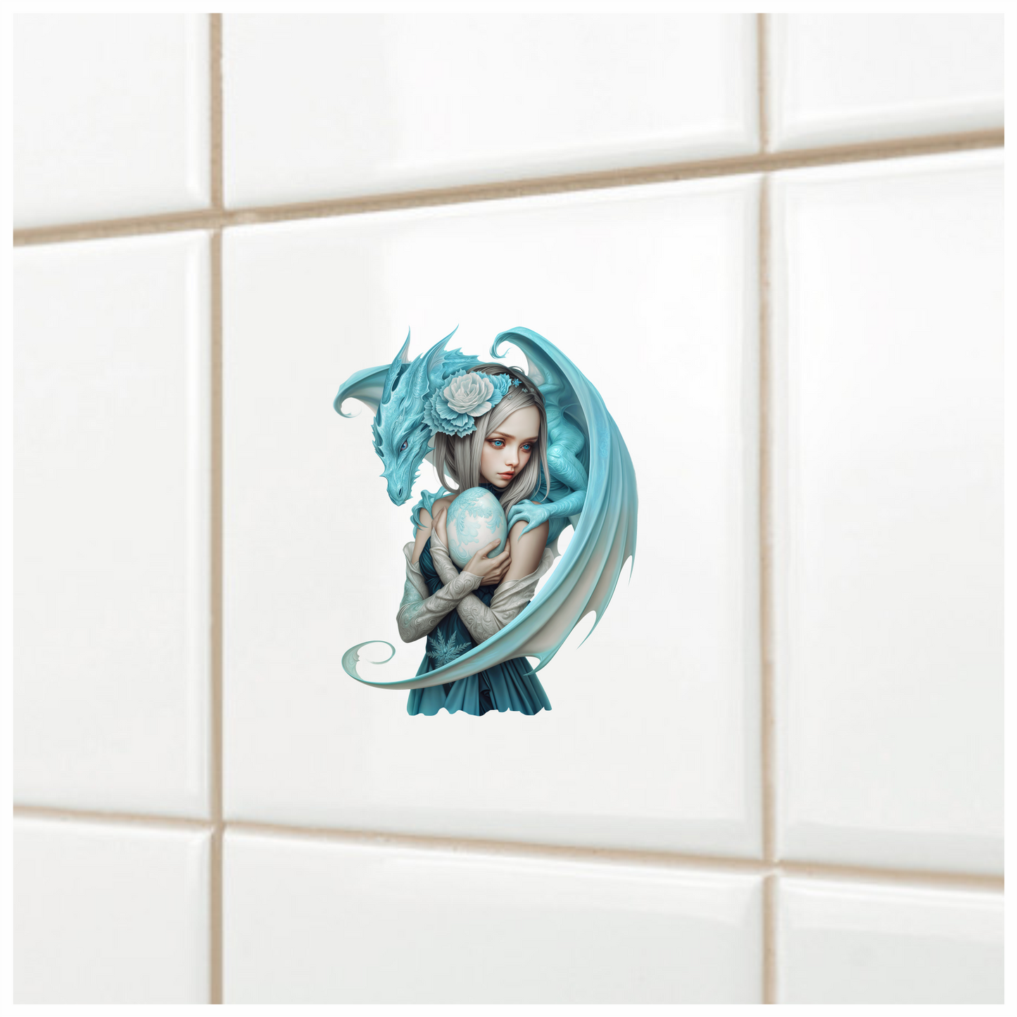 Blue Dragon Girl Holding Egg Vinyl Sticker Decal