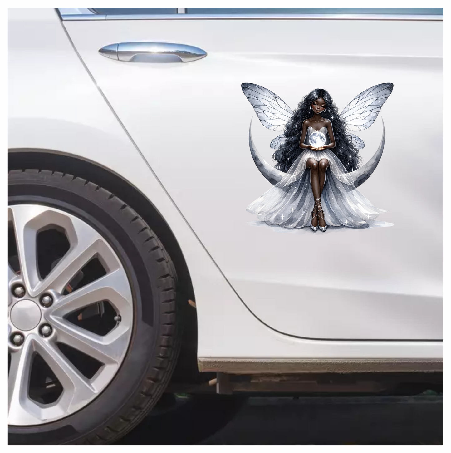 Fairy Moon White Dress Wings Vinyl Sticker Decal