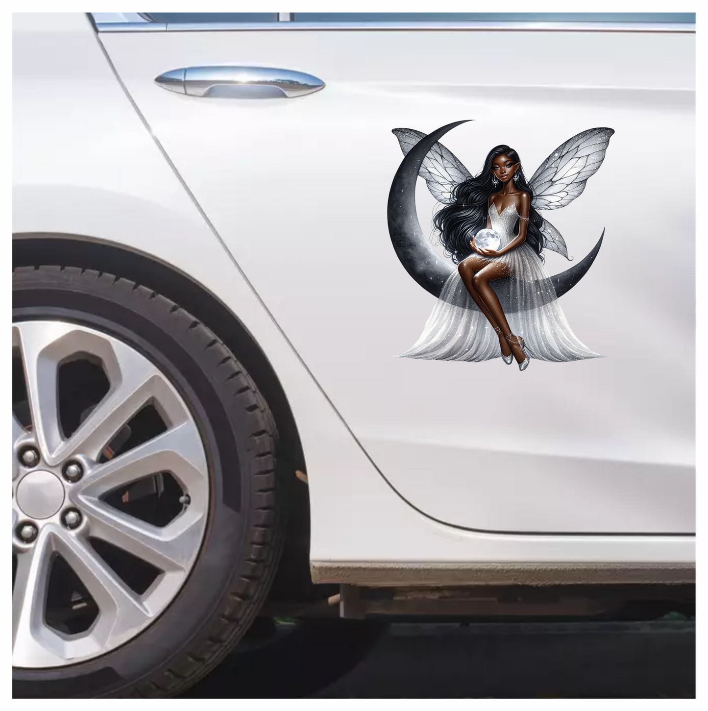 Fairy Moon White Dress Wings Vinyl Sticker Decal