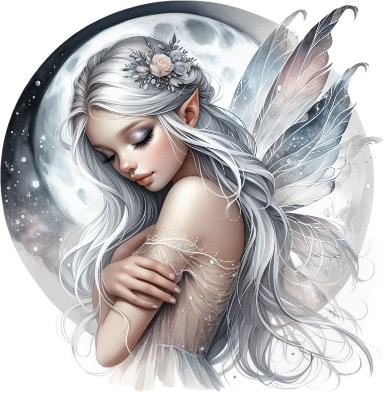 Silver Fairy Moon Wings Flowers Vinyl Sticker Decal