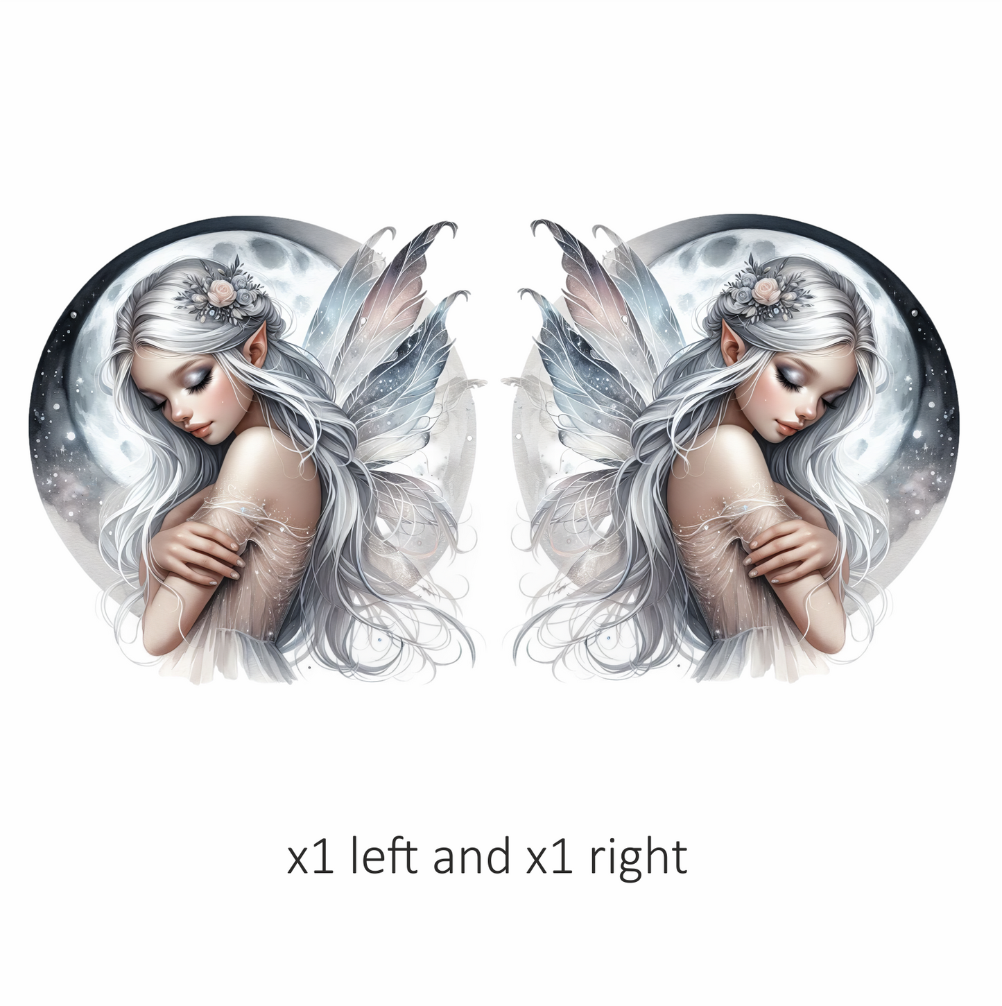 Silver Fairy Moon Wings Flowers Vinyl Sticker Decal