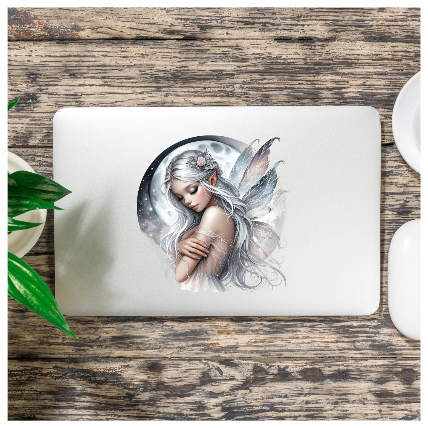 Silver Fairy Moon Wings Flowers Vinyl Sticker Decal