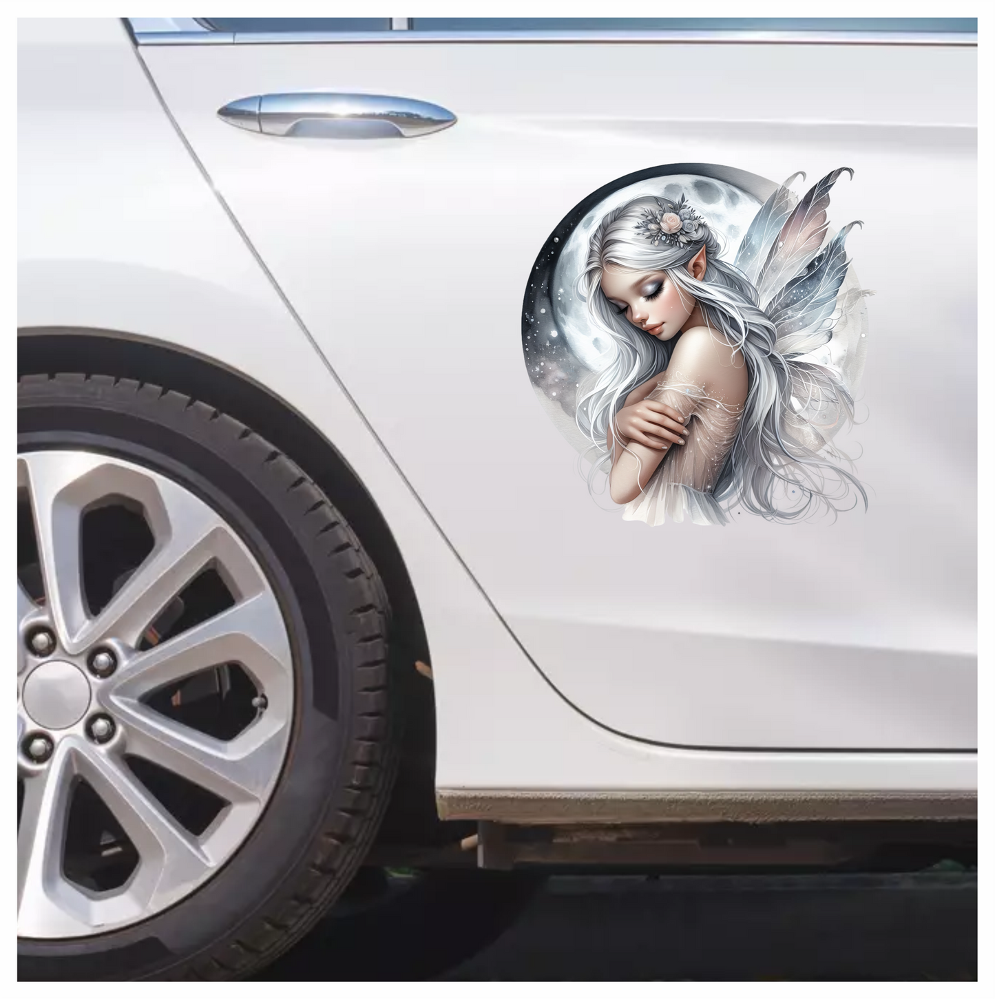 Silver Fairy Moon Wings Flowers Vinyl Sticker Decal