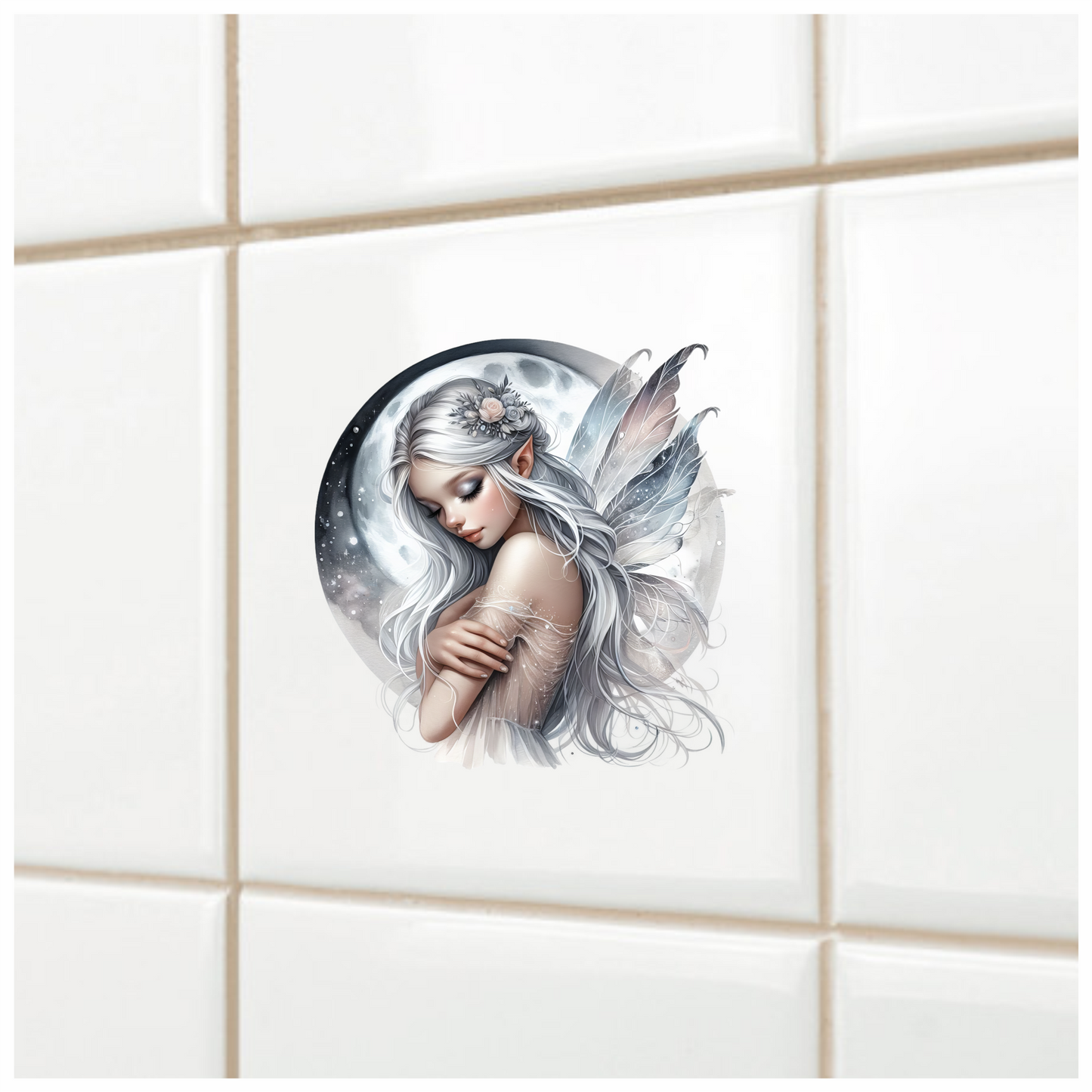 Silver Fairy Moon Wings Flowers Vinyl Sticker Decal