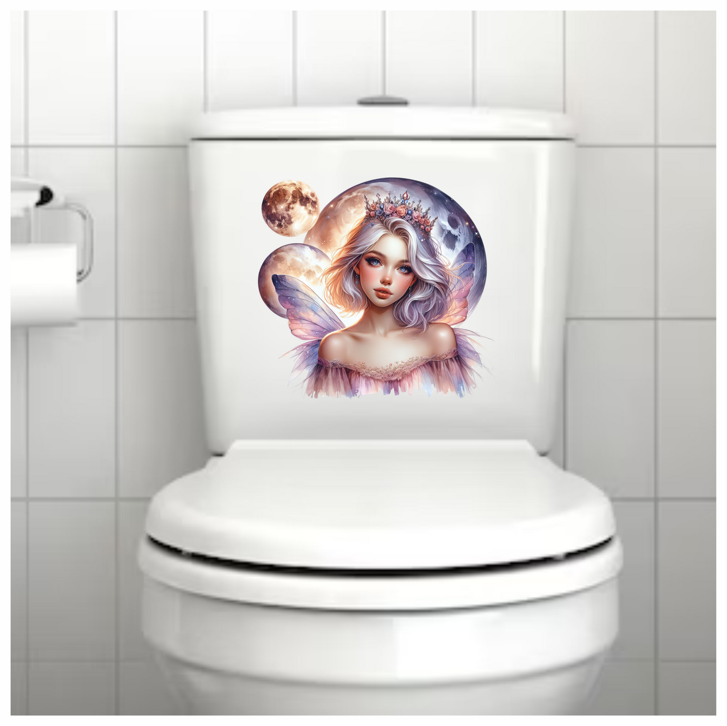 Fairy Woman Silver Hair Pink Moon Vinyl Sticker Decal